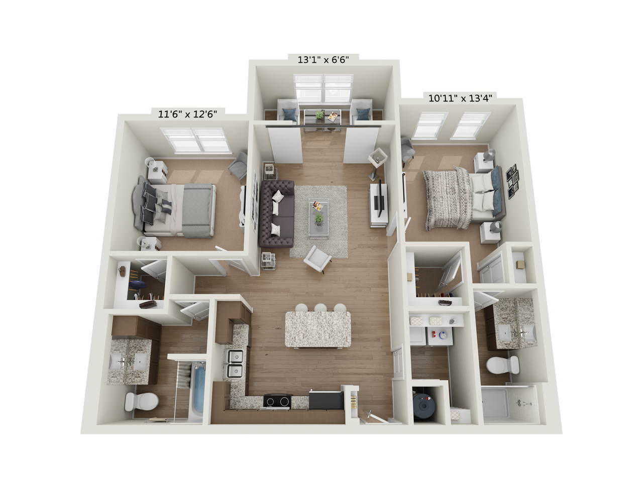 Floor plan for 2 beds, 2 baths, 1129 sqft